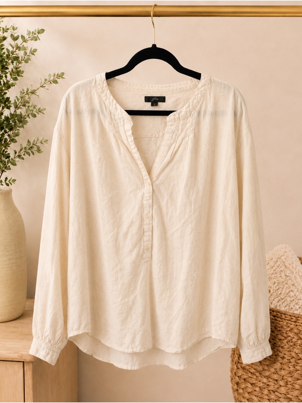 J.Crew 100% Cotton Ivory Speckled Henley Blouse M